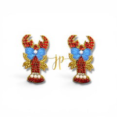 Blue Ribbon Lobster Rhinestone Stud Earrings, Coastal Jewelry
