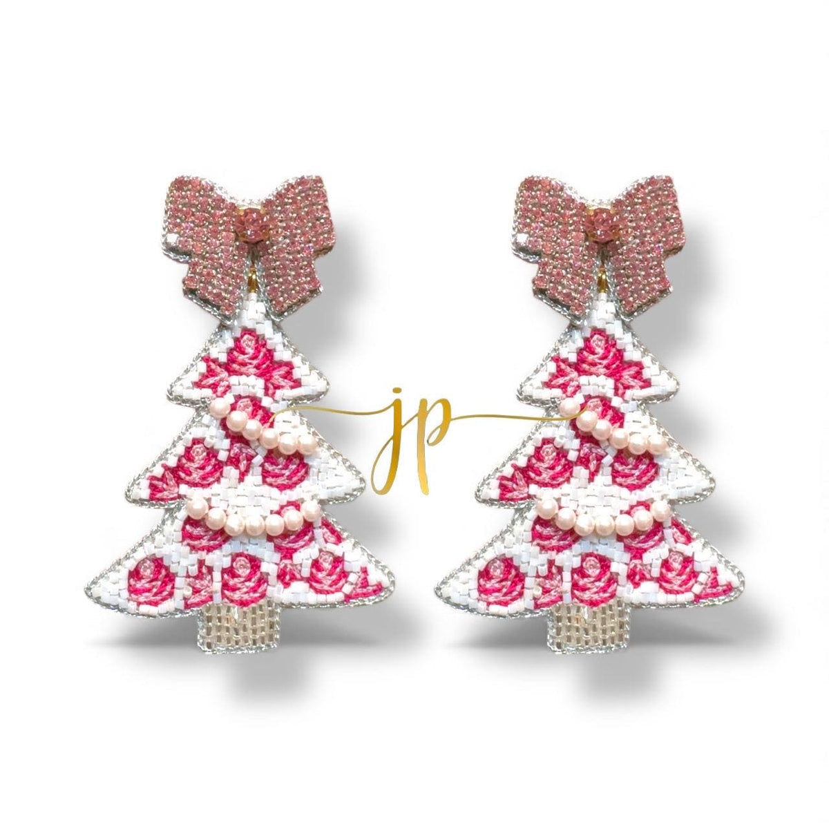 Porcelain Pink and White Rose Toile Pattern Coquette Christmas Tree Earrings