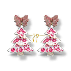 Porcelain Pink and White Rose Toile Pattern Coquette Christmas Tree Earrings