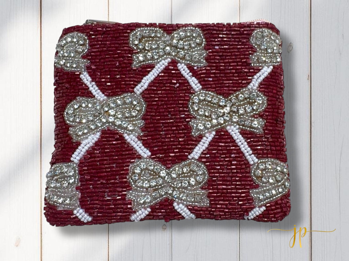 Maroon Beaded Coin Purse with Bows
