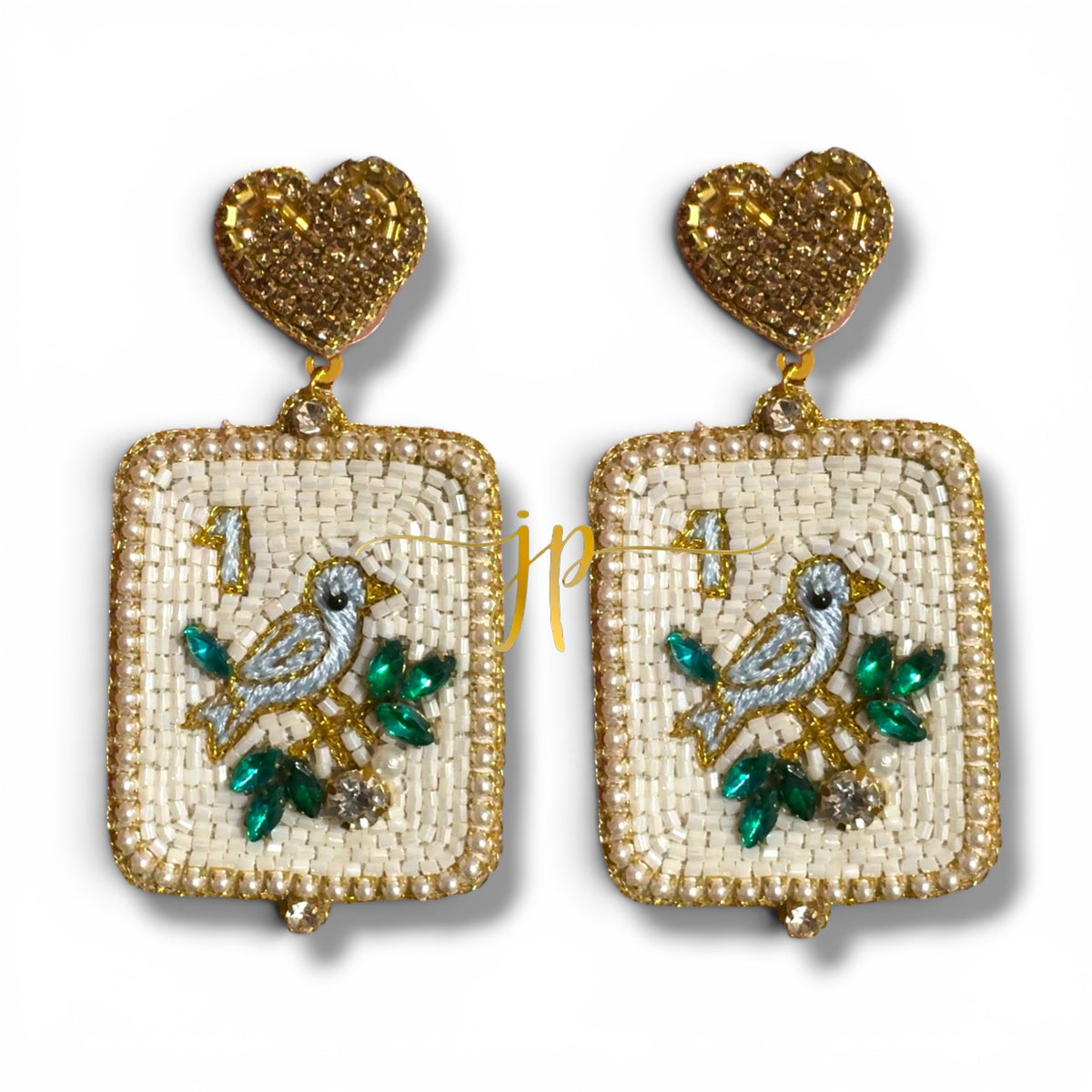 Mahjong Tile Blue Song Bird Beaded Earrings with Gold Rhinestone Heart Toppers