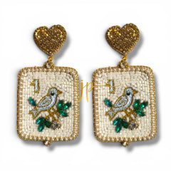 Mahjong Tile Blue Song Bird Beaded Earrings with Gold Rhinestone Heart Toppers
