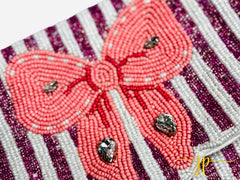 Royal Romance Pink Striped Beaded Clutch with Bow