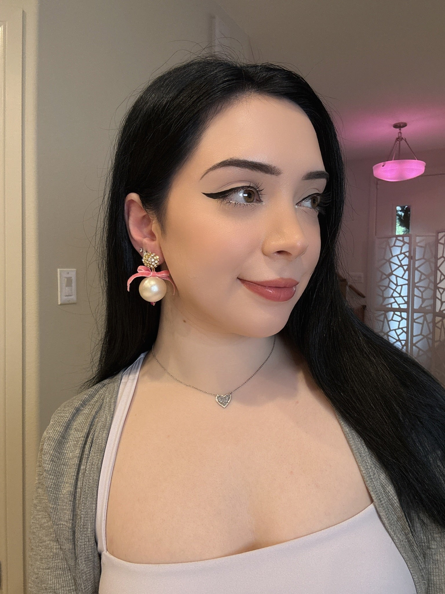 Velvet Pink Bow Pearl Drop Earrings