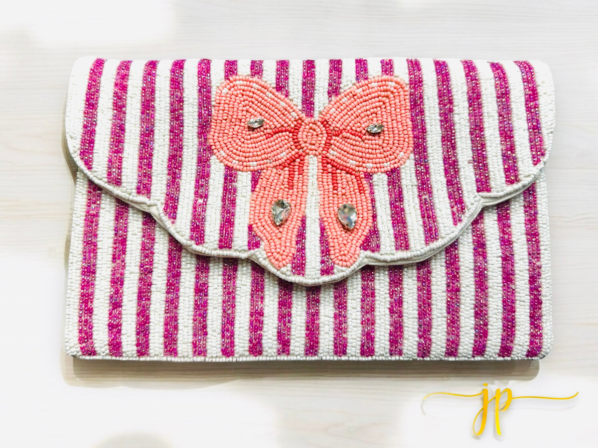 Royal Romance Pink Striped Beaded Clutch with Bow