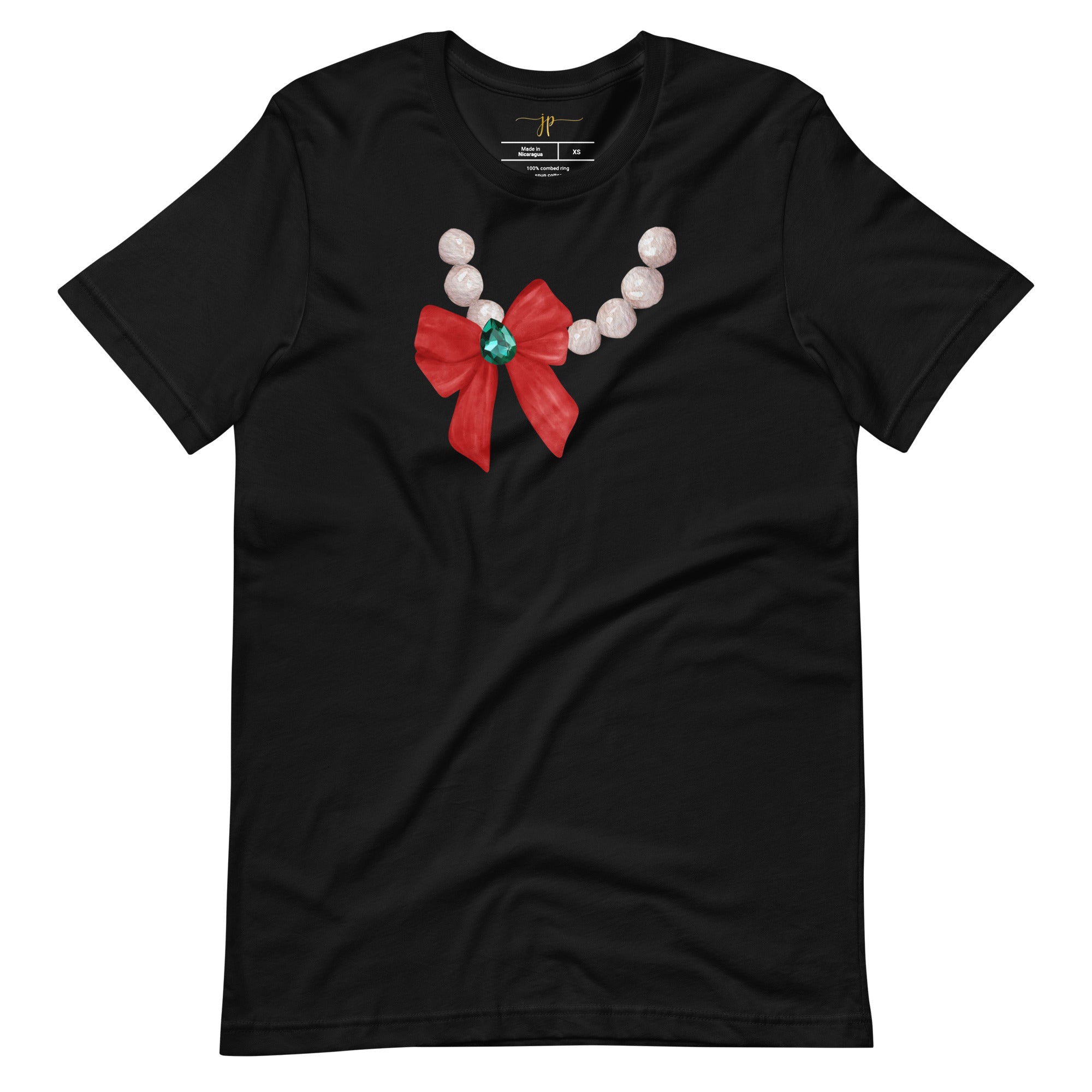 Red Bow and White Pearls Ladies Christmas T-Shirt