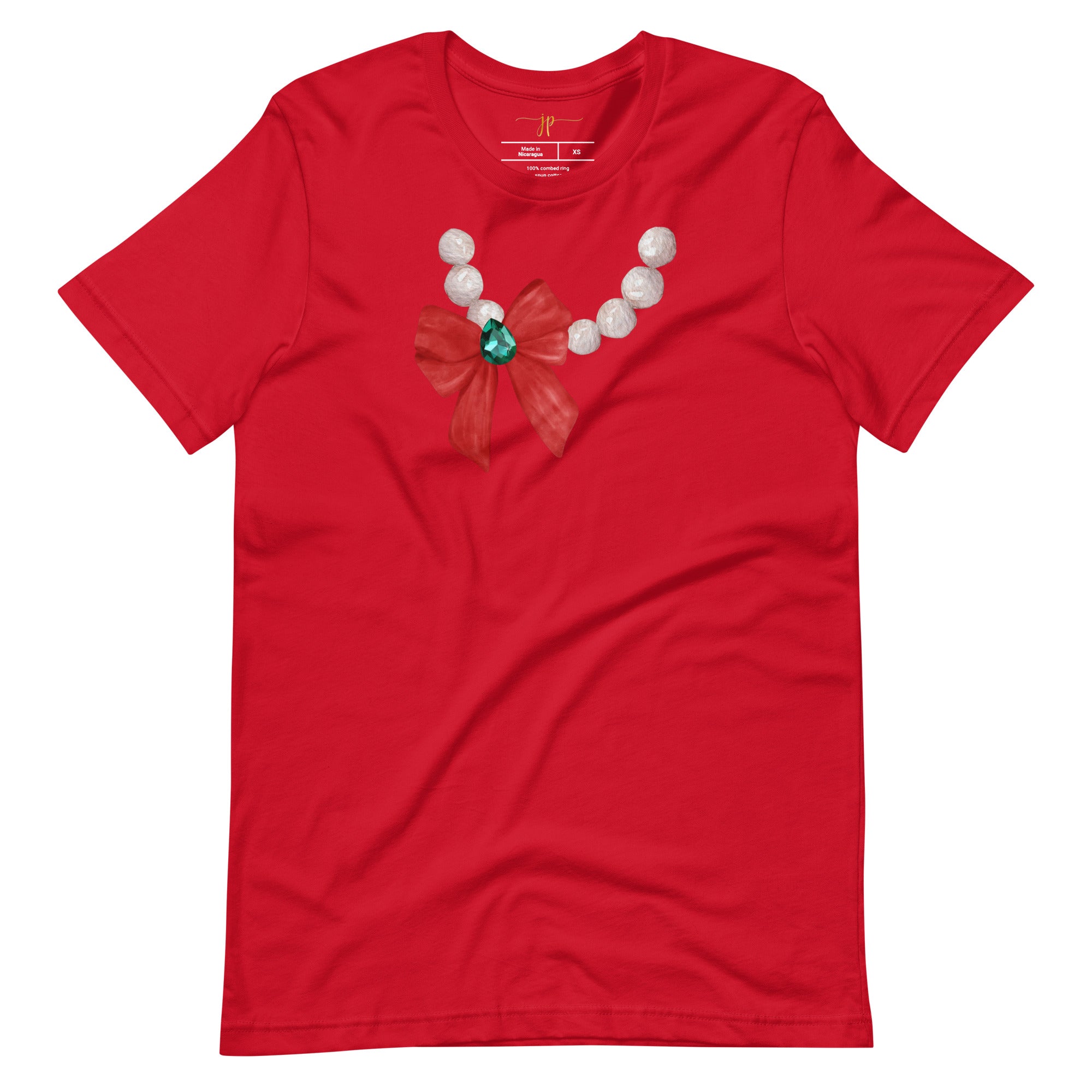 Red Bow and White Pearls Ladies Christmas T-Shirt