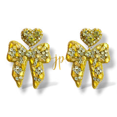 Yellow Beaded Rhinestone Bow Earrings with Heart Topper