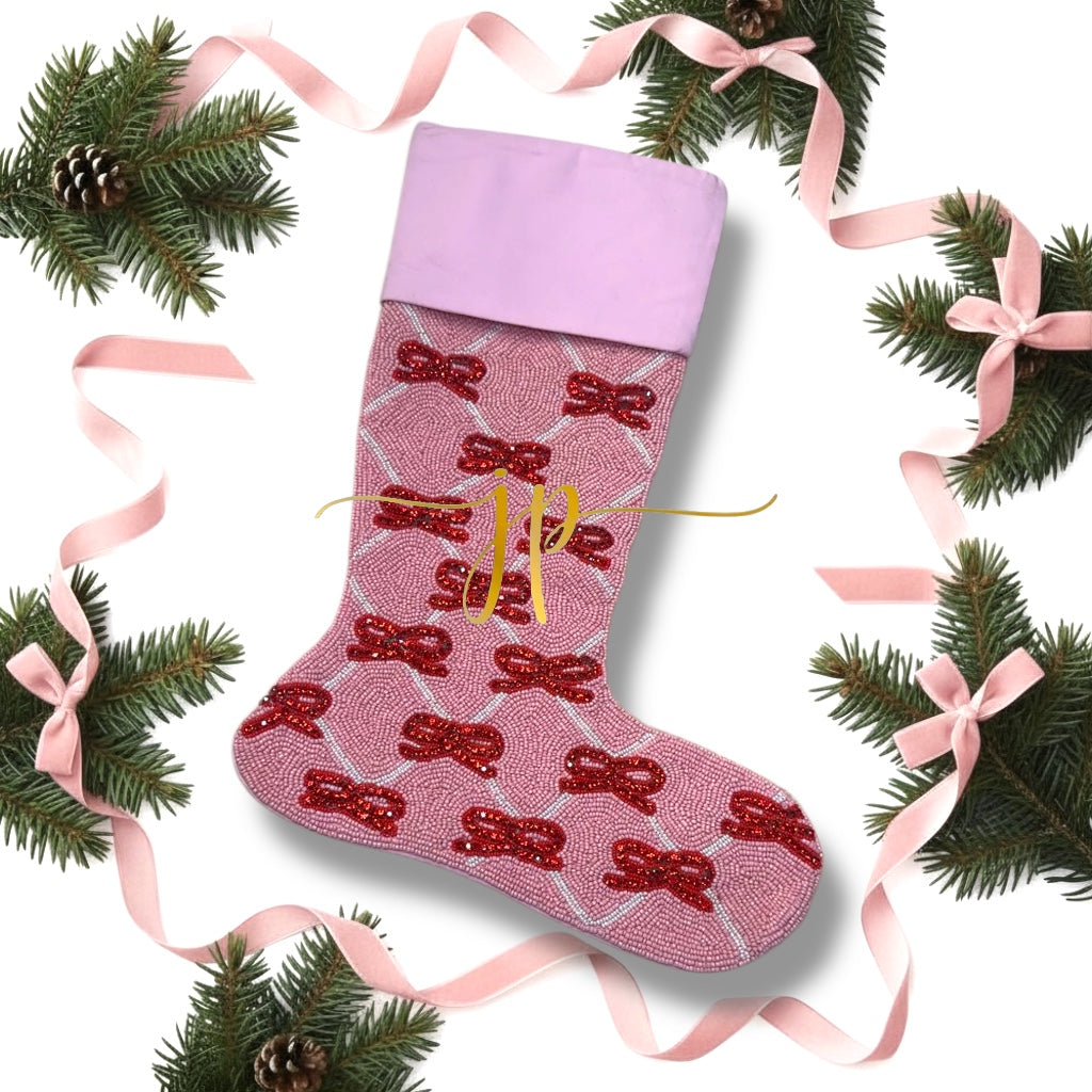 Coquette Beaded Pink Red Blue and Striped Rhinestone Bow Christmas Stocking