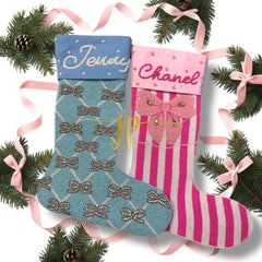 Coquette Beaded Pink Red Blue and Striped Rhinestone Bow Christmas Stocking