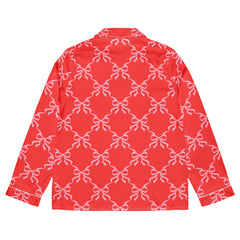 Red with Pink Bow Lattice Women’s Long Sleeve Silky Pajama Top
