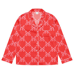 Red with Pink Bow Lattice Women’s Long Sleeve Silky Pajama Top