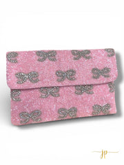 Jenny Pink Coquette Rhinestone Bow Beaded Clutch Handbag
