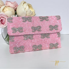 Jenny Pink Coquette Rhinestone Bow Beaded Clutch Handbag