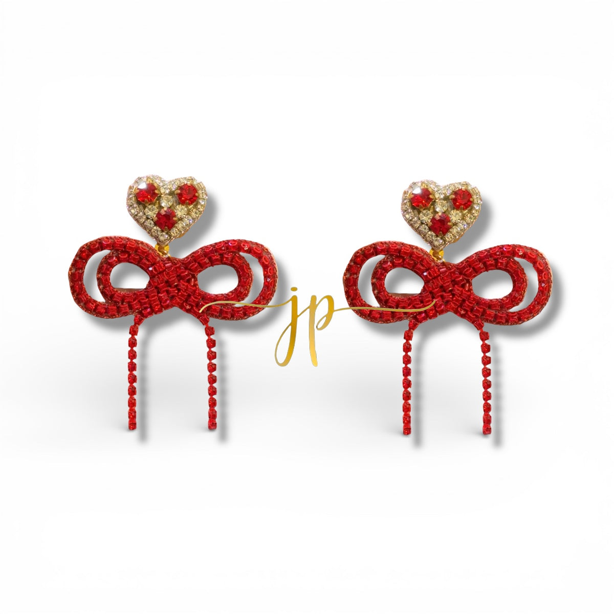 Red Rhinestone String Bow Earrings with Heart Toppers