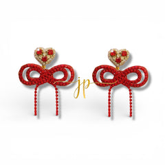 Red Rhinestone String Bow Earrings with Heart Toppers