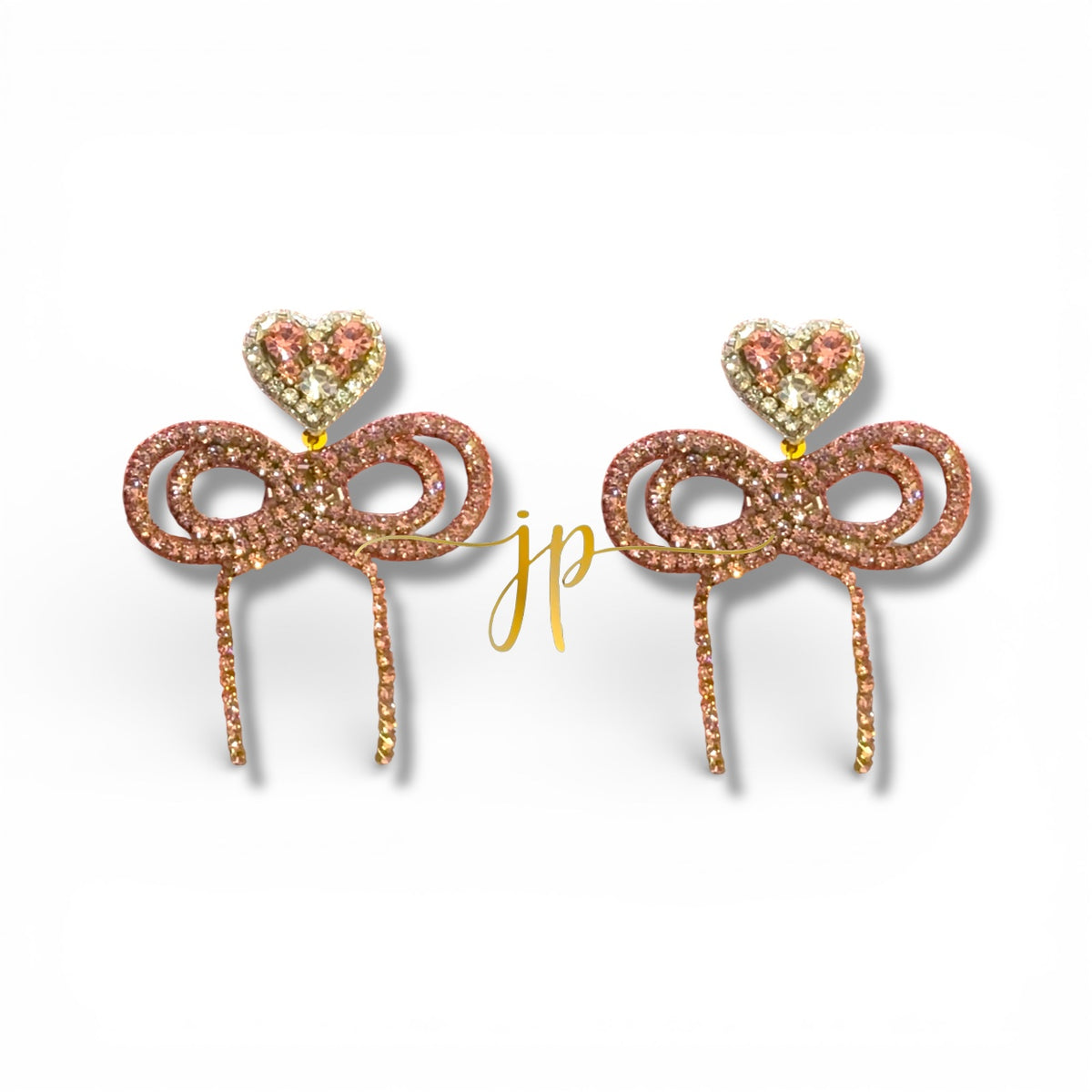 Pink Rhinestone String Bow Earrings with Heart Toppers