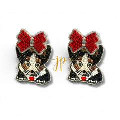 Corgi Beaded Rhinestone Earrings with a Red Bow