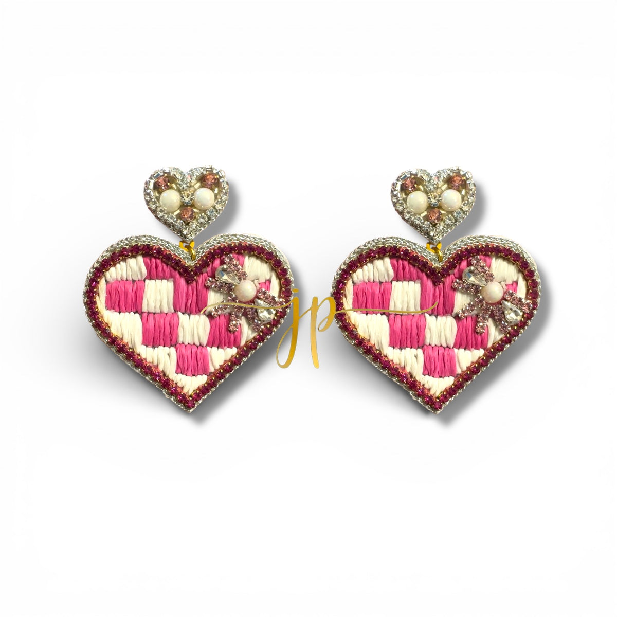 Pink and White Checkered Heart Beaded Earrings with Rhinestone and Raffia with Bows