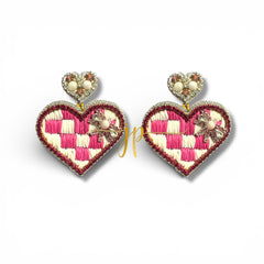 Pink and White Checkered Heart Beaded Earrings with Rhinestone and Raffia with Bows