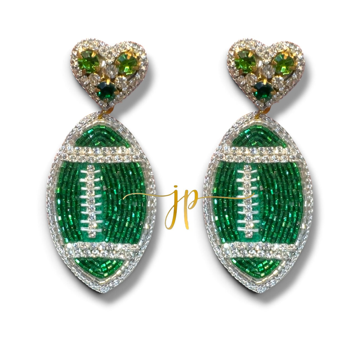Game Day Green Rhinestone Football Earrings with Heart Toppers