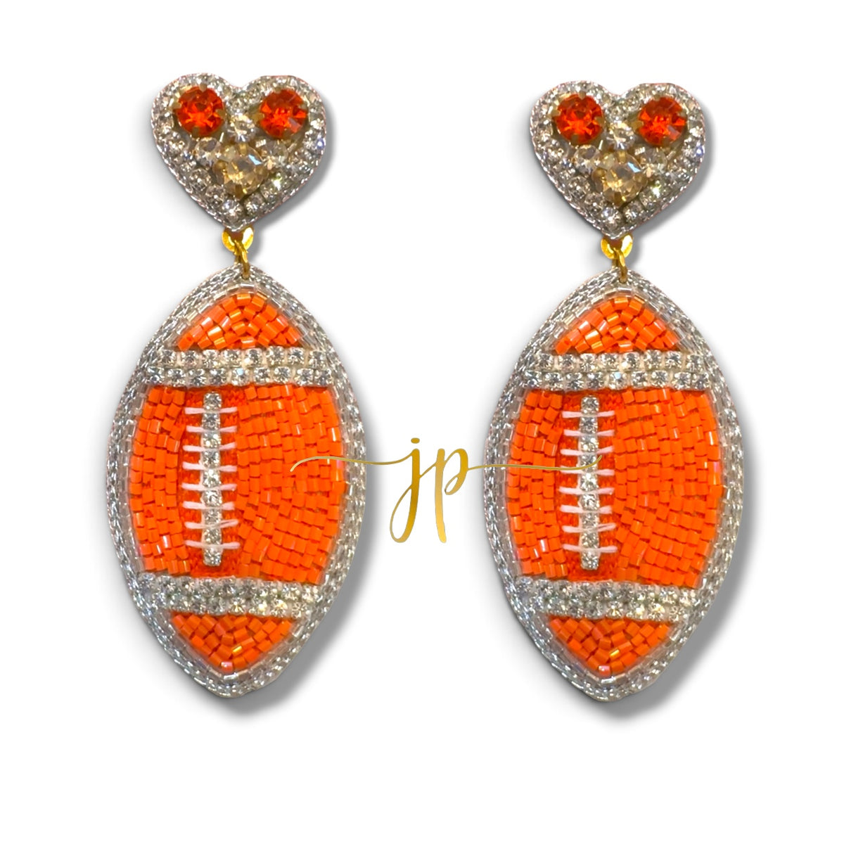 Game Day Orange Rhinestone Hearts Football Earrings