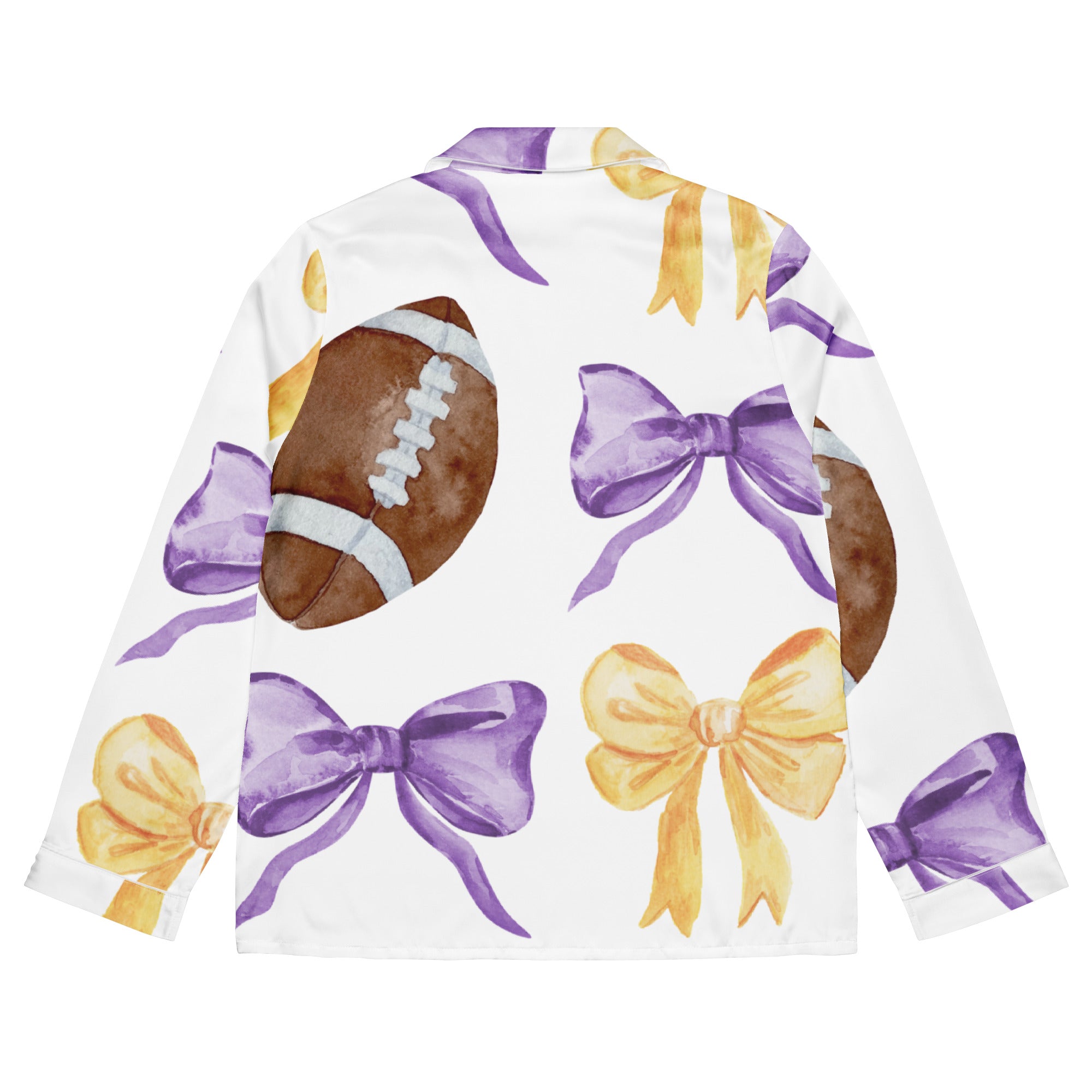 Game Day Purple and Gold Bow Women’s Long Sleeve Silky Pajama Top