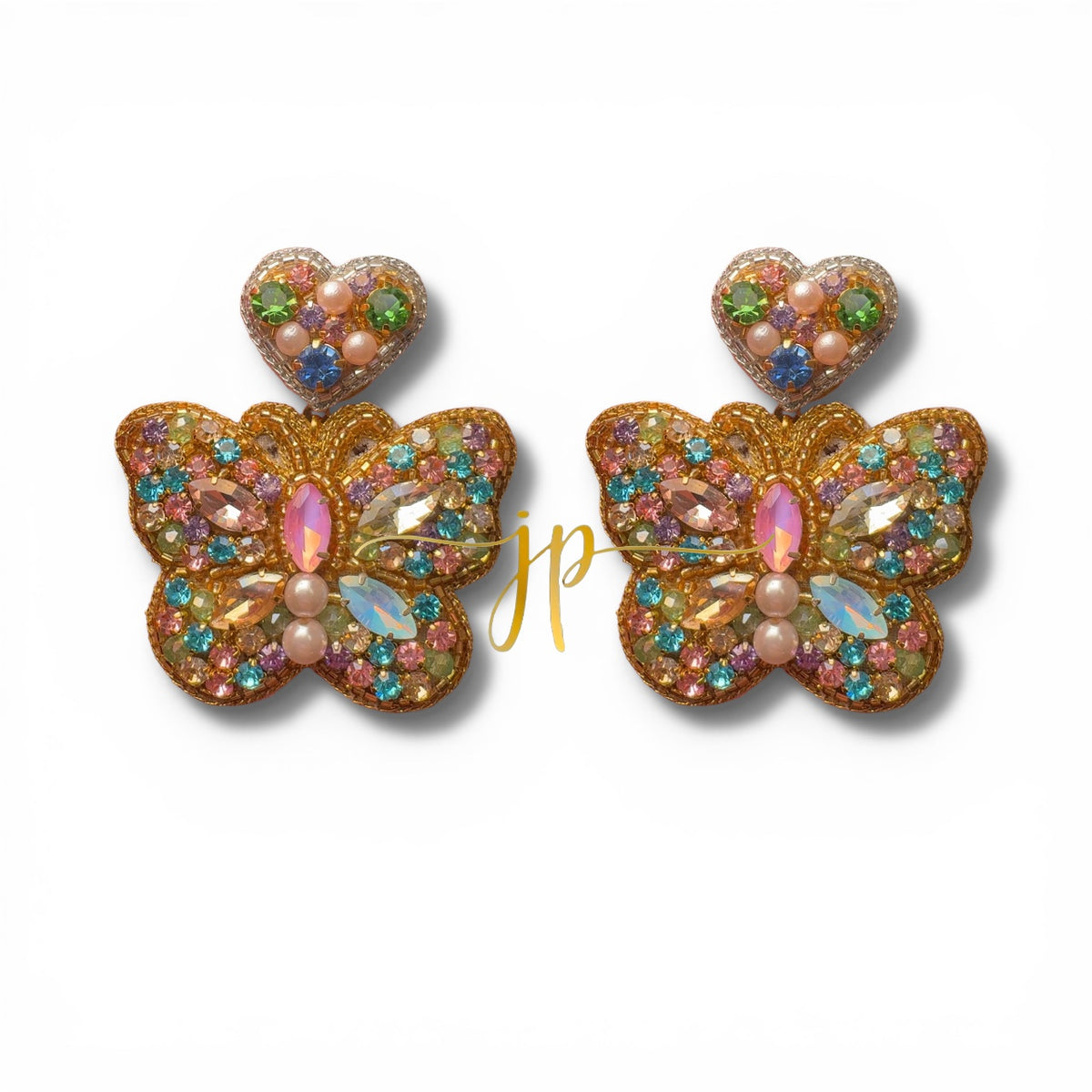 Palais Pastel Rhinestone Beaded Butterfly Dangle Earrings with Pastel Heart Topper and Pearl Detail