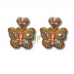 Palais Pastel Rhinestone Beaded Butterfly Dangle Earrings with Pastel Heart Topper and Pearl Detail