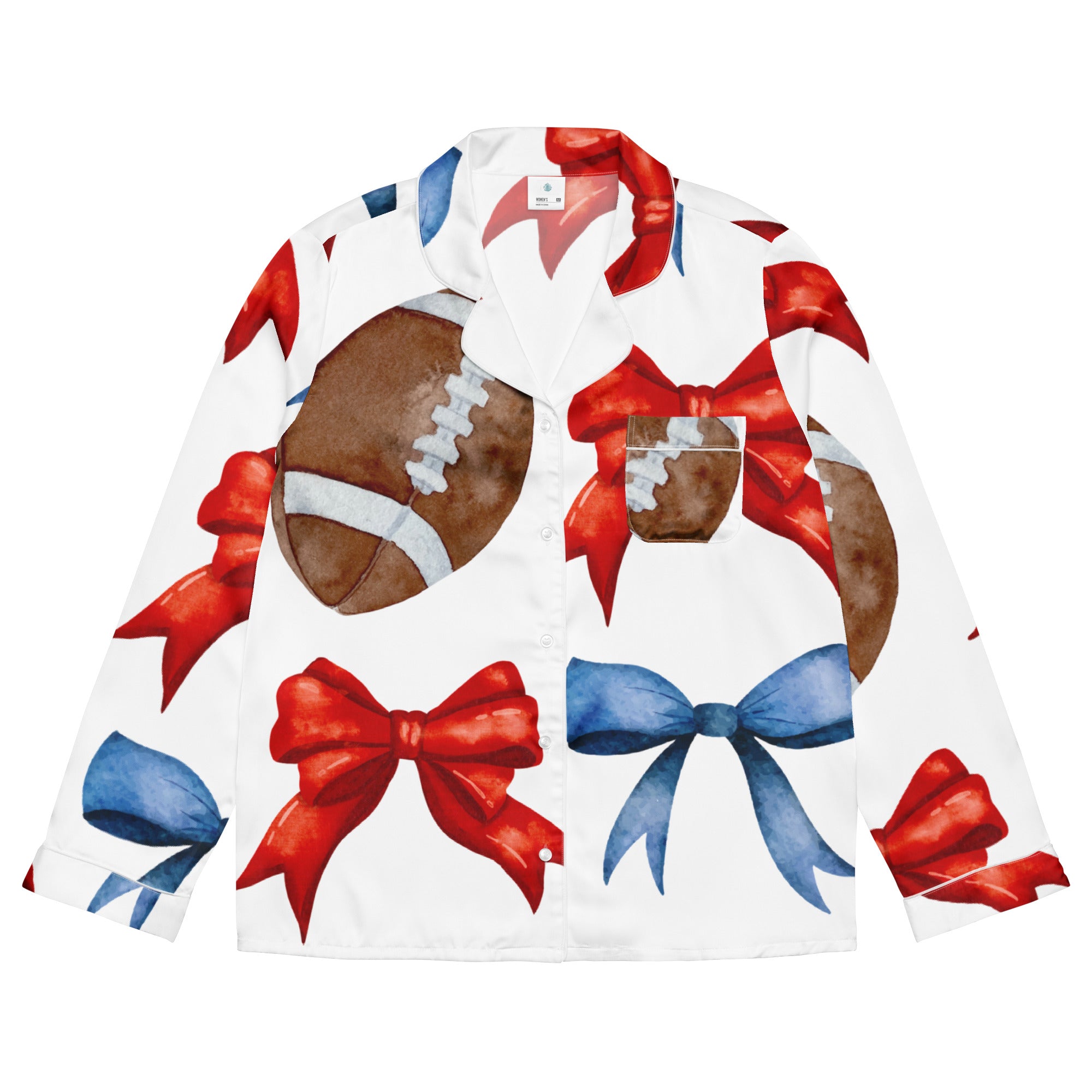 Game Day Red and Blue Bow Women’s Long Sleeve Silky Pajama Top