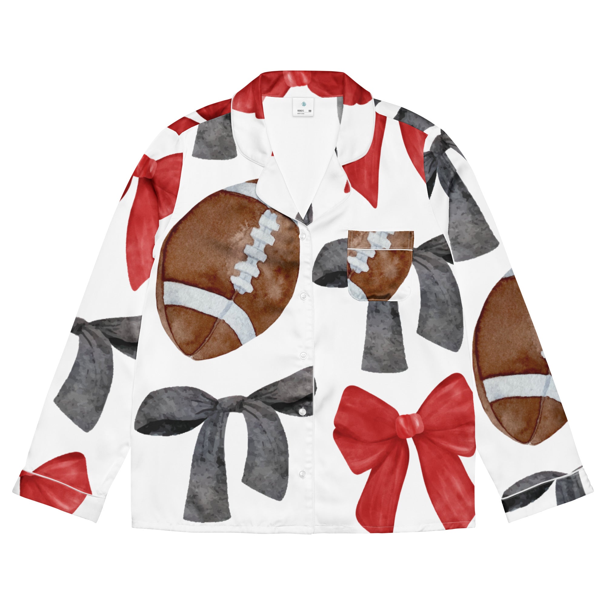 Game Day Black and Red Bow Women’s Long Sleeve Silky Pajama Top
