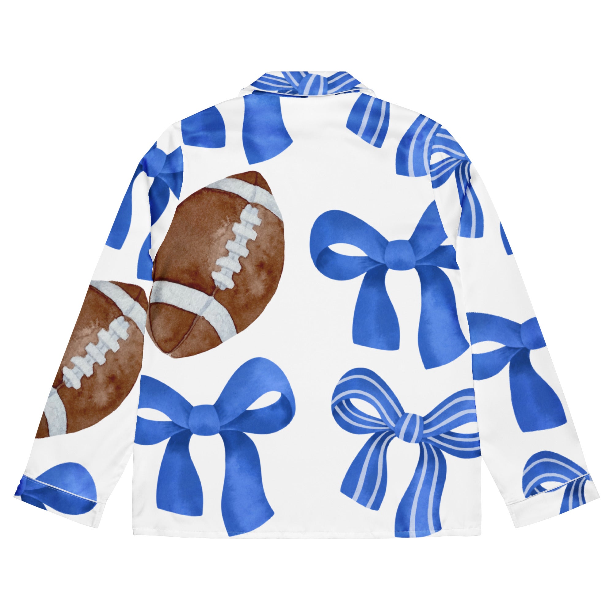 Game Day Blue and White Bow Women’s Long Sleeve Silky Pajama Top