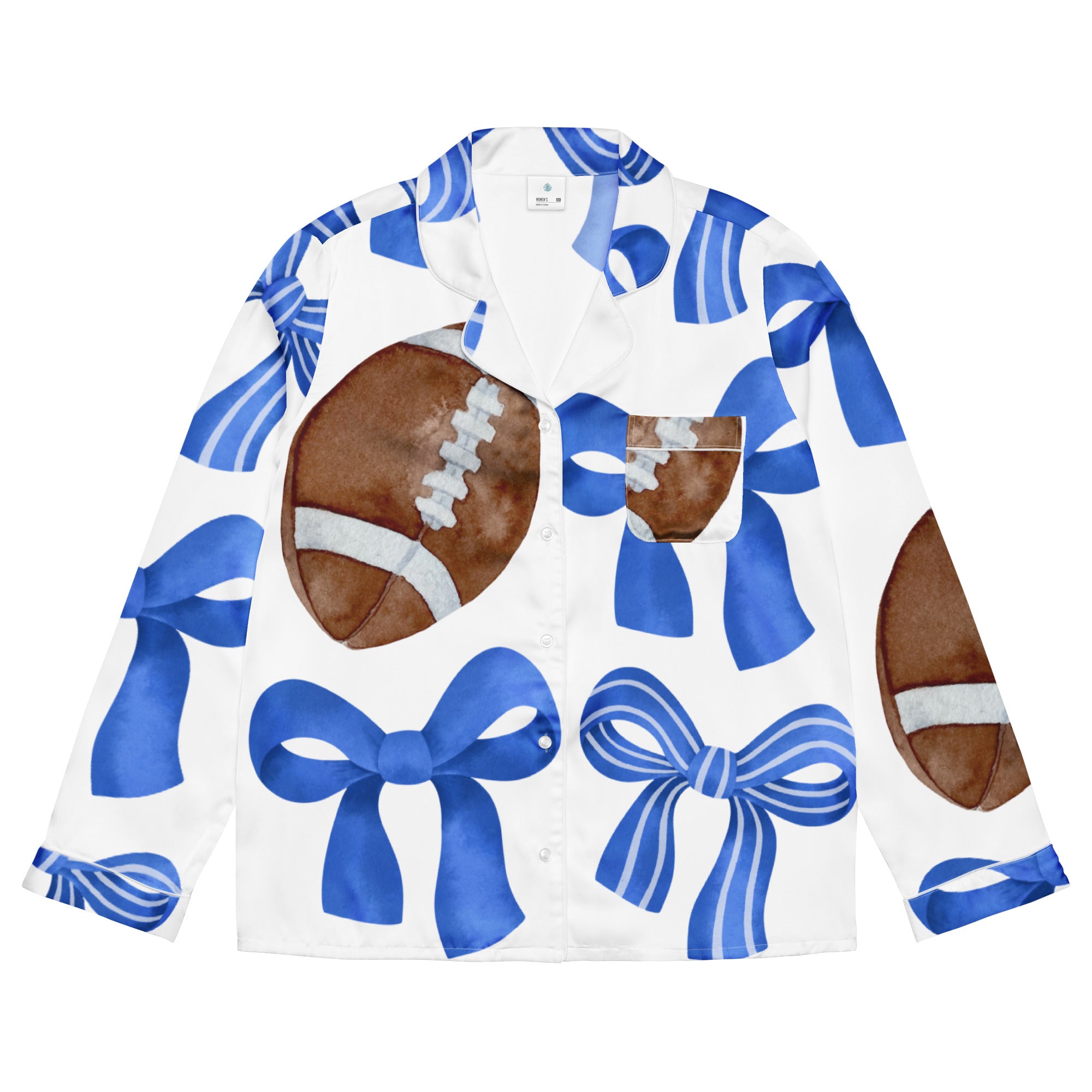 Game Day Blue and White Bow Women’s Long Sleeve Silky Pajama Top