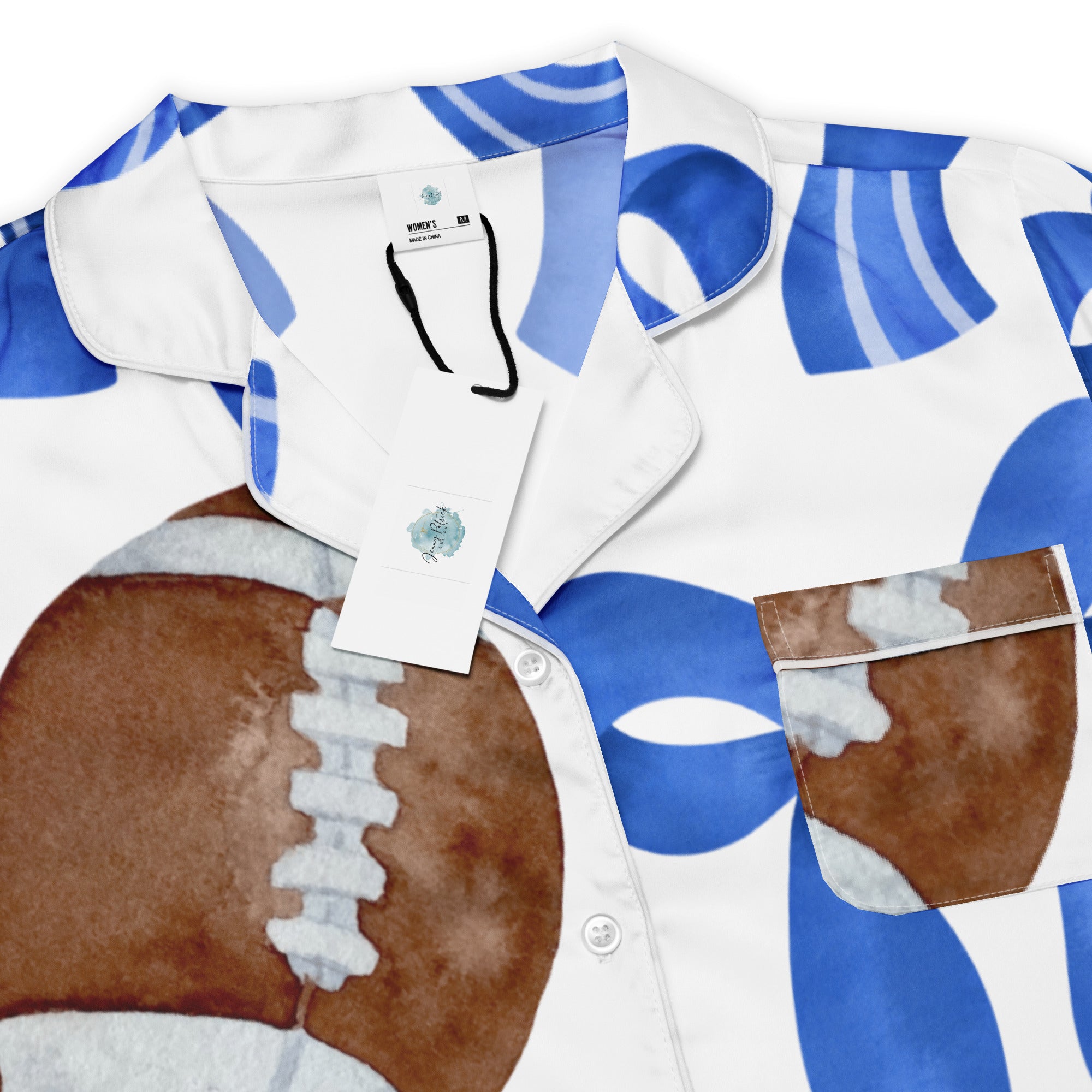 Game Day Blue and White Bow Women’s Long Sleeve Silky Pajama Top