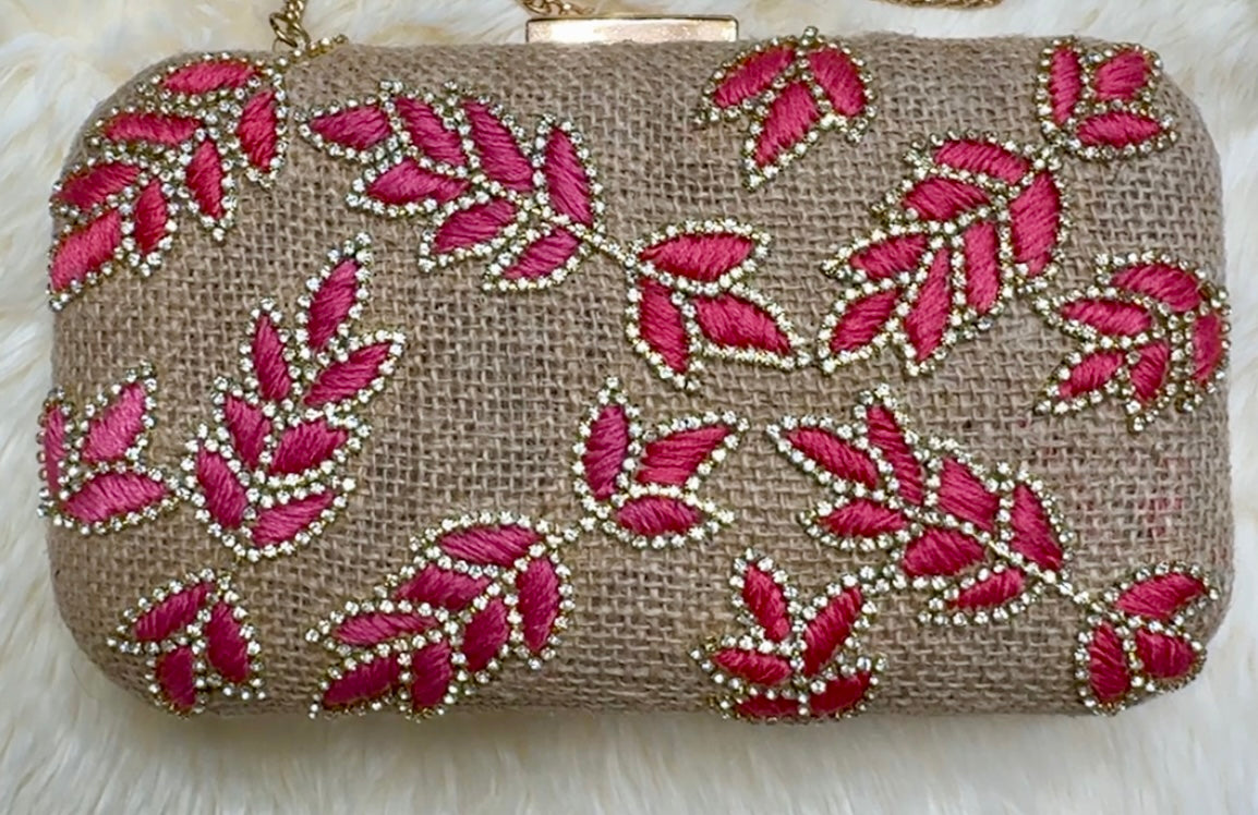 Eloise Dark Pink Rhinestone Leaf Jute Clutch Chain Handbag