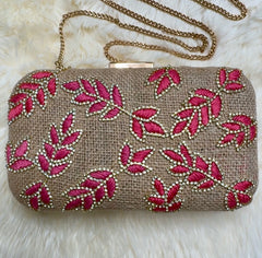 Eloise Dark Pink Rhinestone Leaf Jute Clutch Chain Handbag