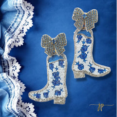Porcelain Blue and White Rose Toile Pattern Coquette Cowboy Boot Earrings with  Rhinestone Bows