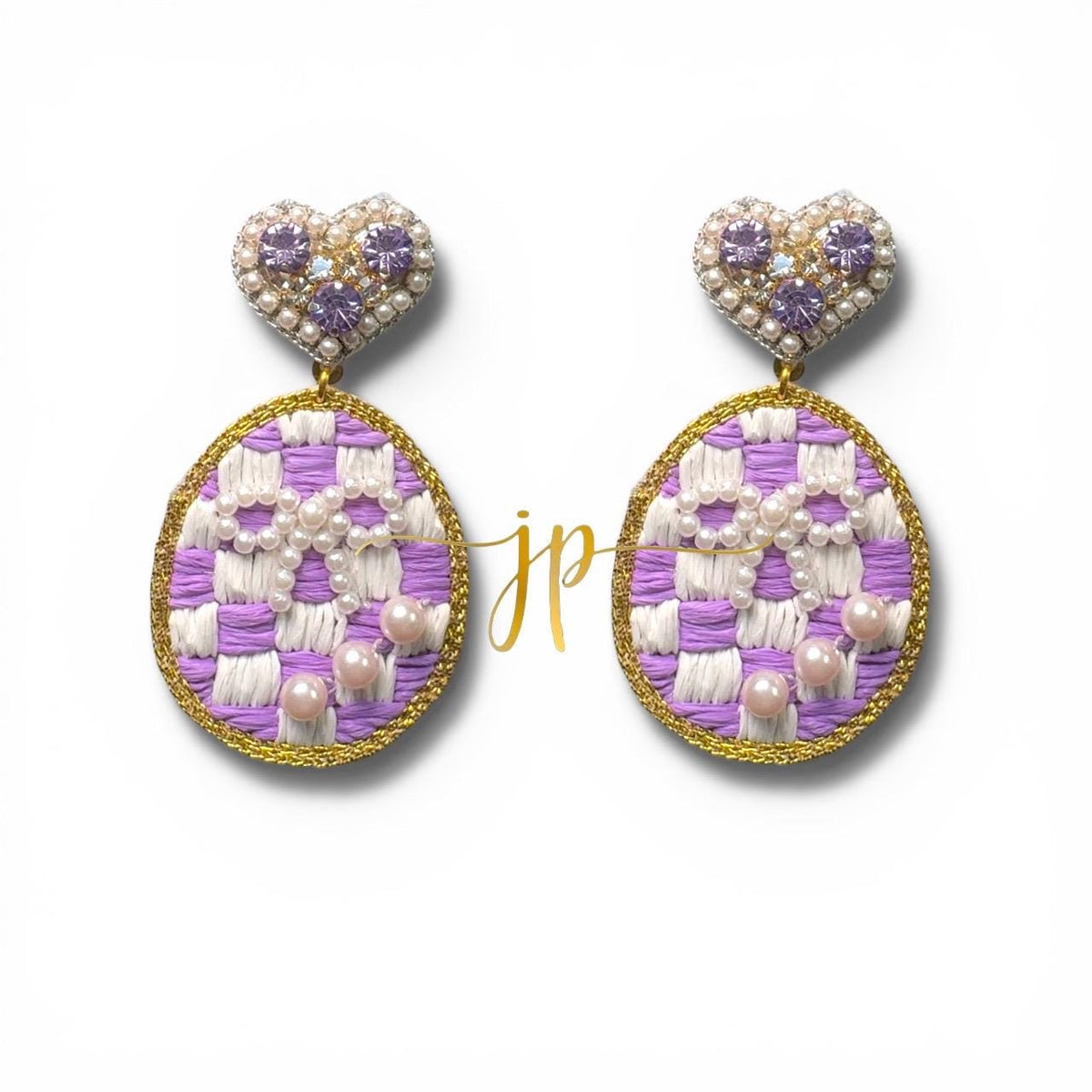 Duchess Lavender Checkered Raffia Beaded Easter Egg Dangle Earrings with Pearl Bow and Heart Toppers