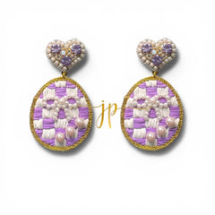 Duchess Lavender Checkered Raffia Beaded Easter Egg Dangle Earrings with Pearl Bow and Heart Toppers