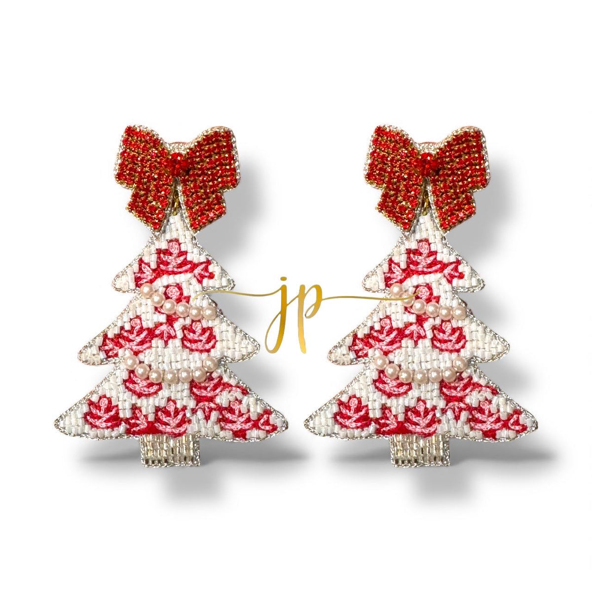 Porcelain Red and White Rose Toile Pattern Coquette Christmas Tree Earrings