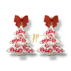 Porcelain Red and White Rose Toile Pattern Coquette Christmas Tree Earrings