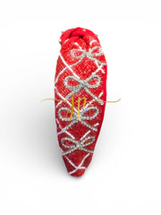 Red Rhinestone Bow Lattice Beaded Knotted Headband