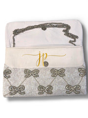 White Beaded Rhinestone Bow Beaded Clutch Handbag