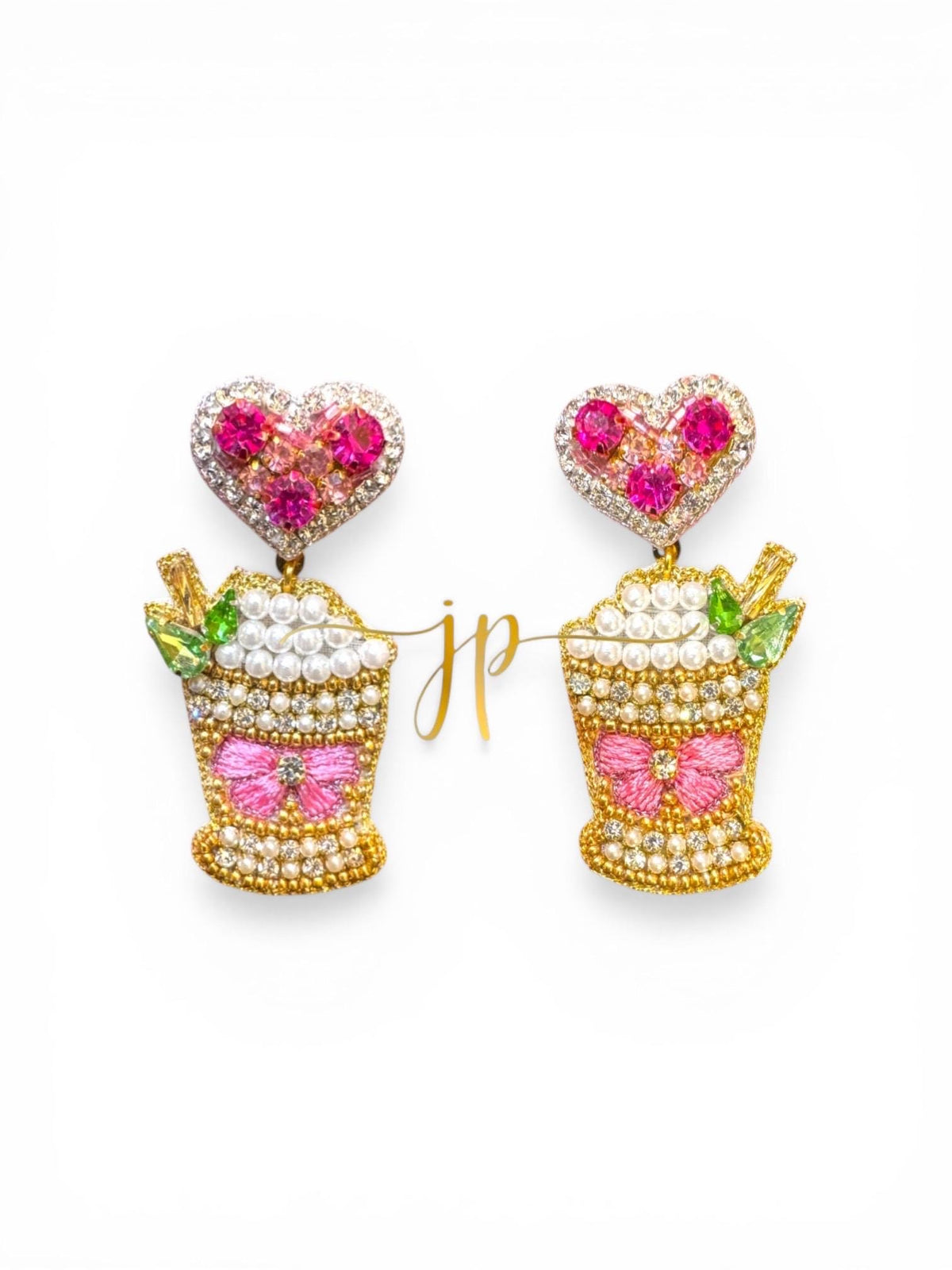 Pink Mint Julep Beaded Dangle Earrings with Pink Bow and Heart Toppers