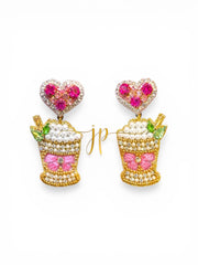 Pink Mint Julep Beaded Dangle Earrings with Pink Bow and Heart Toppers