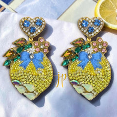 Italian Coast Lemon Statement Earrings with Blue Rhinestone Heart Topper, Italian Coastal Jewelry
