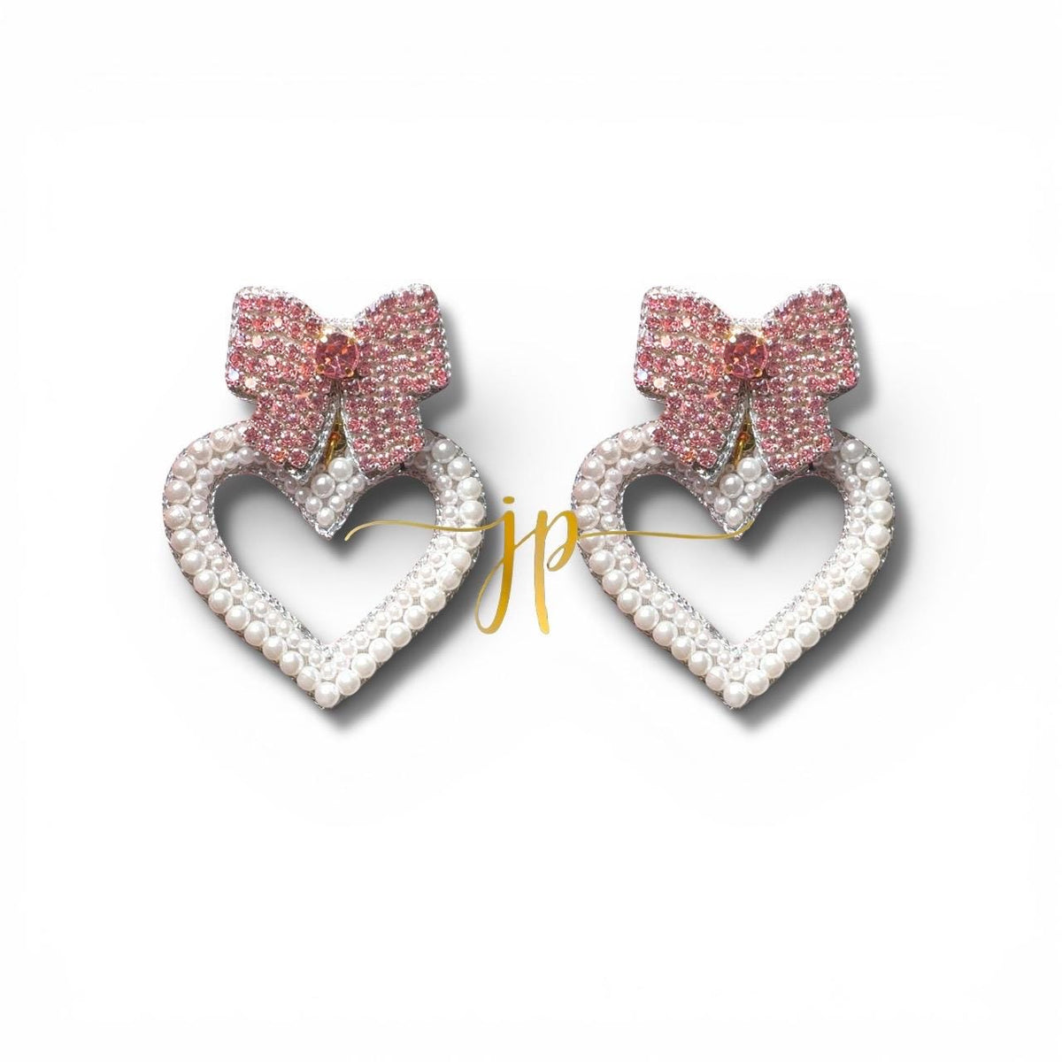 Pearl Heart Beaded Drop Earrings with Pink Rhinestone Bows