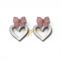 Pearl Heart Beaded Drop Earrings with Pink Rhinestone Bows