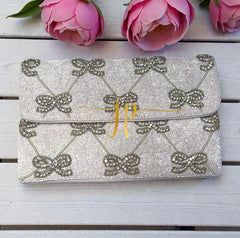 White Beaded Rhinestone Bow Beaded Clutch Handbag
