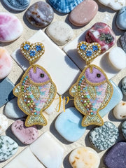Iridescent Mediterranean Orata Fish Earrings with Blue Rhinestone Heart Toppers, Italian Coastal Jewelry